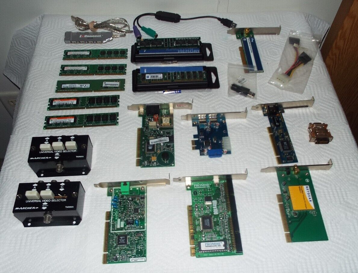 VTG. LOT OF PC COMPONENTS MODEM, MEMORY, ETHERNET CARDS, USB ADAPTER ETC.. READ
