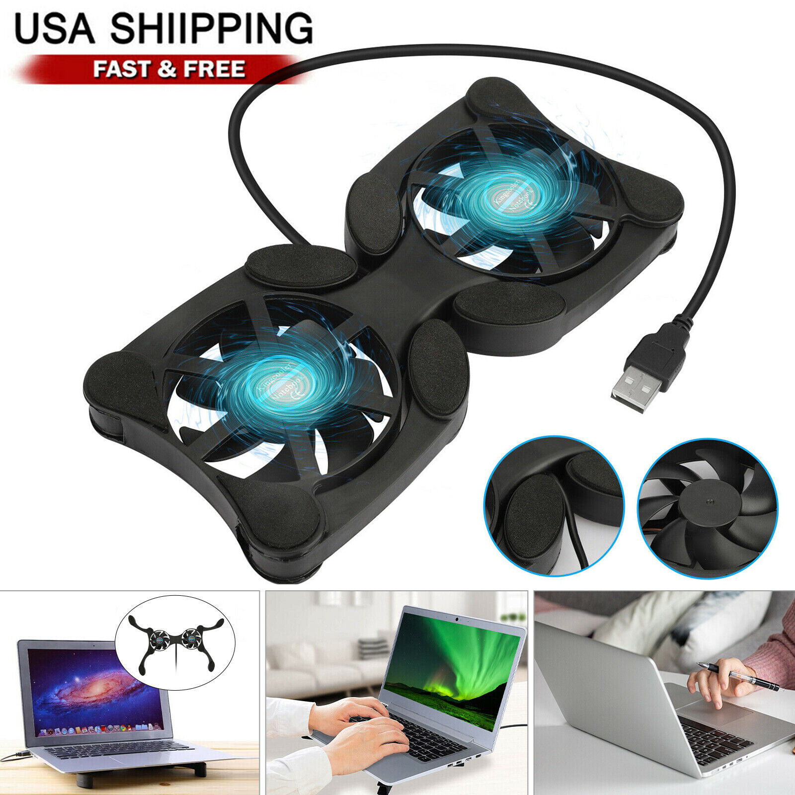 Dual USB Cooling Fan Pad Foldable Slim Fans Cooler Stand for Laptop PC Notebook
