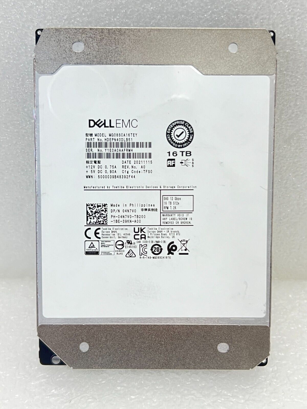 Dell MG08SCA16TEY 16TB 7.2K RPM SAS 3.5\