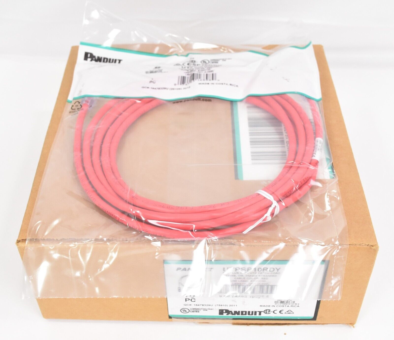 Box of (10) Panduit 10 Ft Red RJ45 Cat 6 Ethernet Patch Cables UTPSP10RDY
