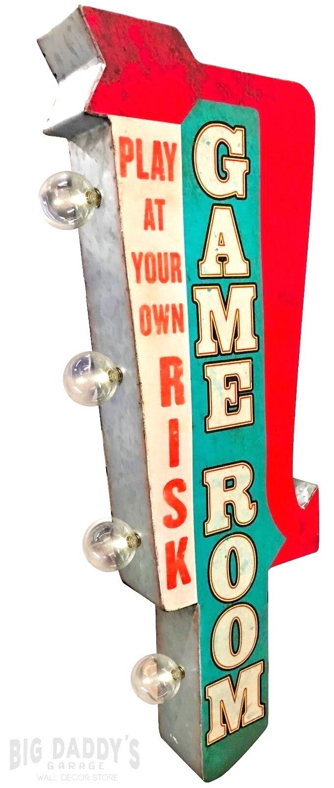 Game Room W/ Arrow Retro Double Sided Metal Sign W/ LED Lights, Arcade, Man Cave
