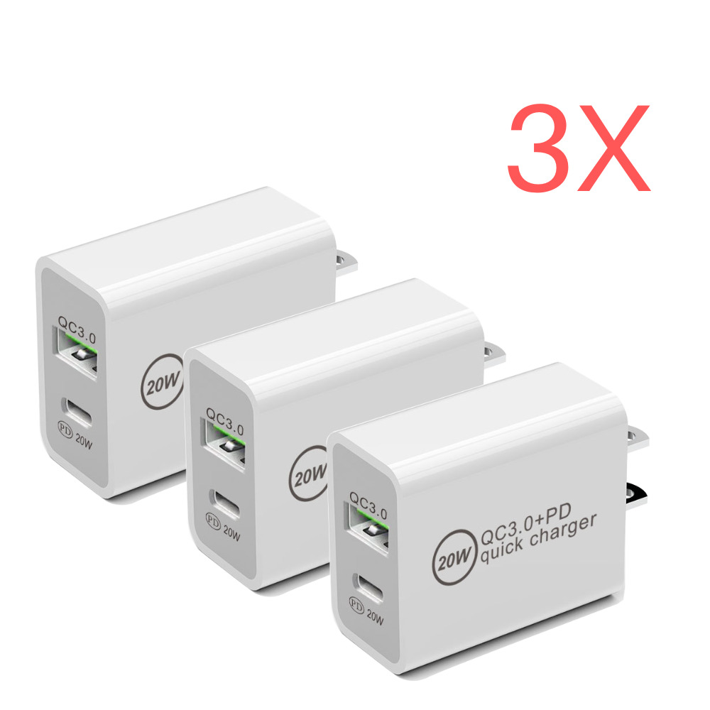 3X 20W PD QC Plug Power Adapter USB C Fast Charger Cable Lot For Android Samsung