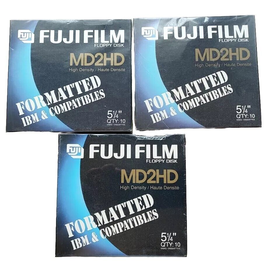 Three NEW SEALED Fuji Film Floppy Disk MD2HD 10-Pack 5-1/4 PC/AT Compatible