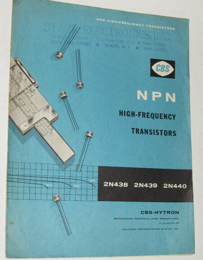 EARLY TRANSISTORS SPEC SHEET/BROCHURE VTG 1957 NPN HIGH-FREQUENCY CBS-HYTRON