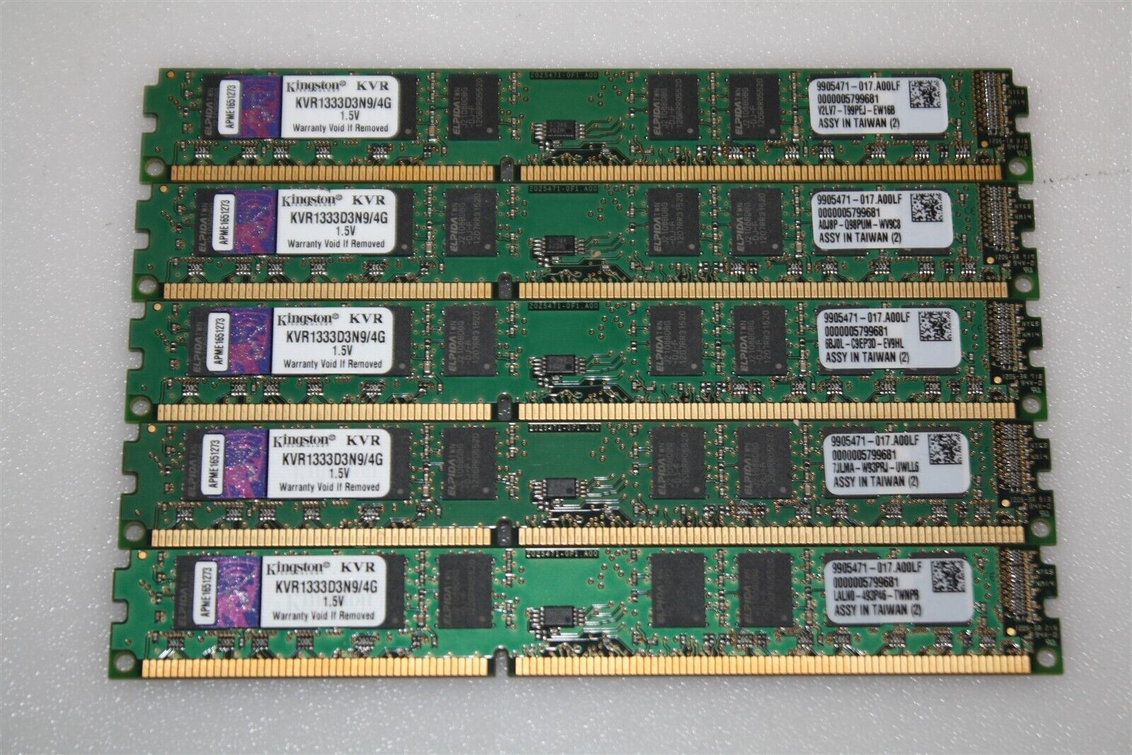 Lot of Five DDR3 RAM: Kingston (KVR1333D3N9/4G) 4GB 2Rx8 PC3-10600 REG. / TESTED