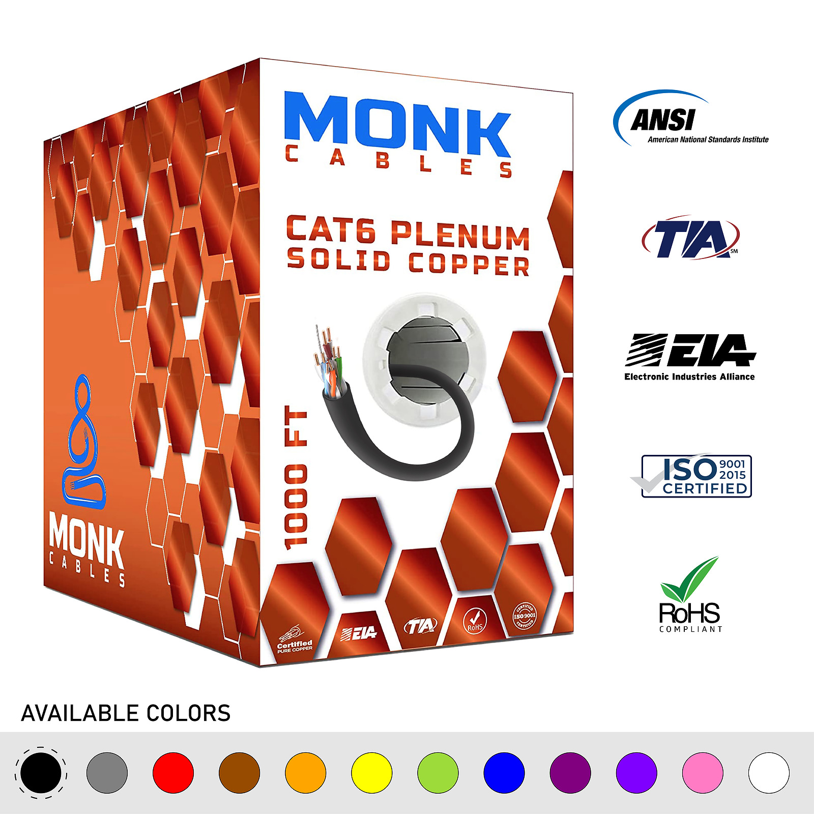MonkCables Cat6 Plenum Solid Bare Copper 1000ft UTP 550MHz 23AWG Ethernet Black