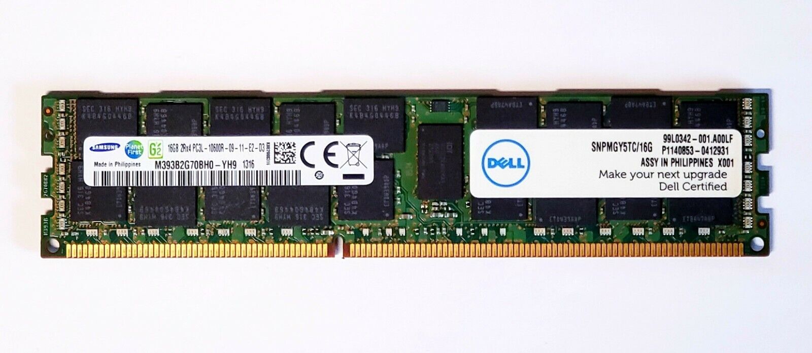 Dell SNPMGY5TC/16G 16GB 2Rx4 PC3L-10600R ECC REG Server Memory M393B2G70BH0-YH9