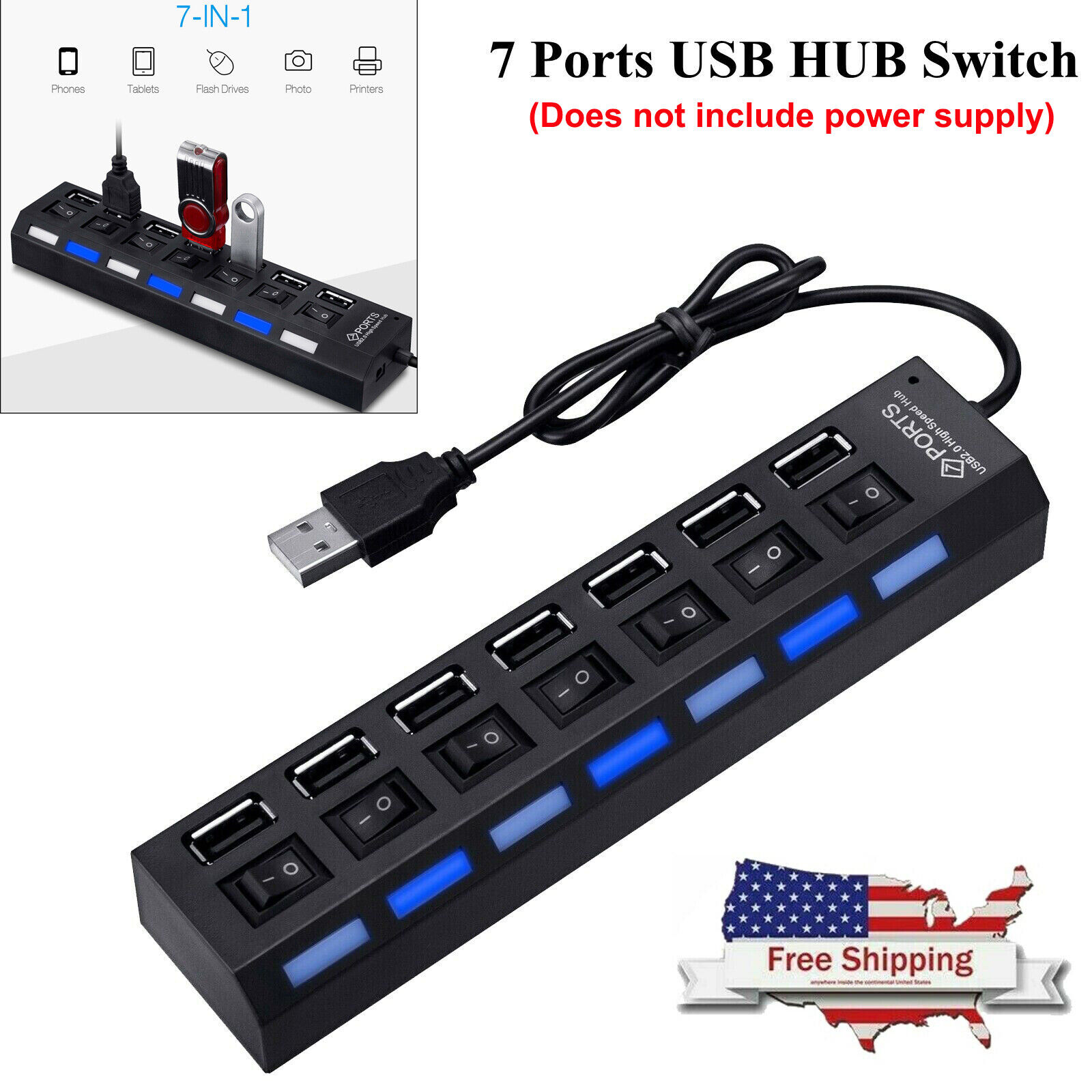 7 Port USB 2.0/3.0 Hub Splitter AC Adapter On/Off Switch Extension for Laptop PC