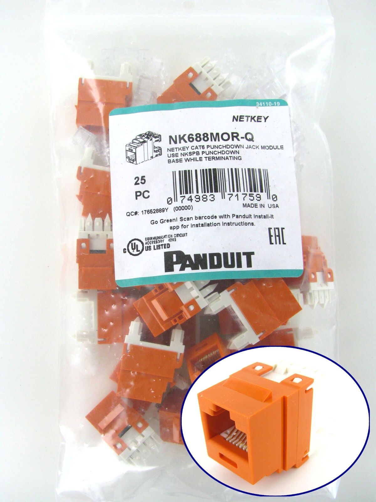 (PACK OF 25) Panduit NetKey NK688MOR-Q Cat6 Keystone Jack Module, Orange ~STSI