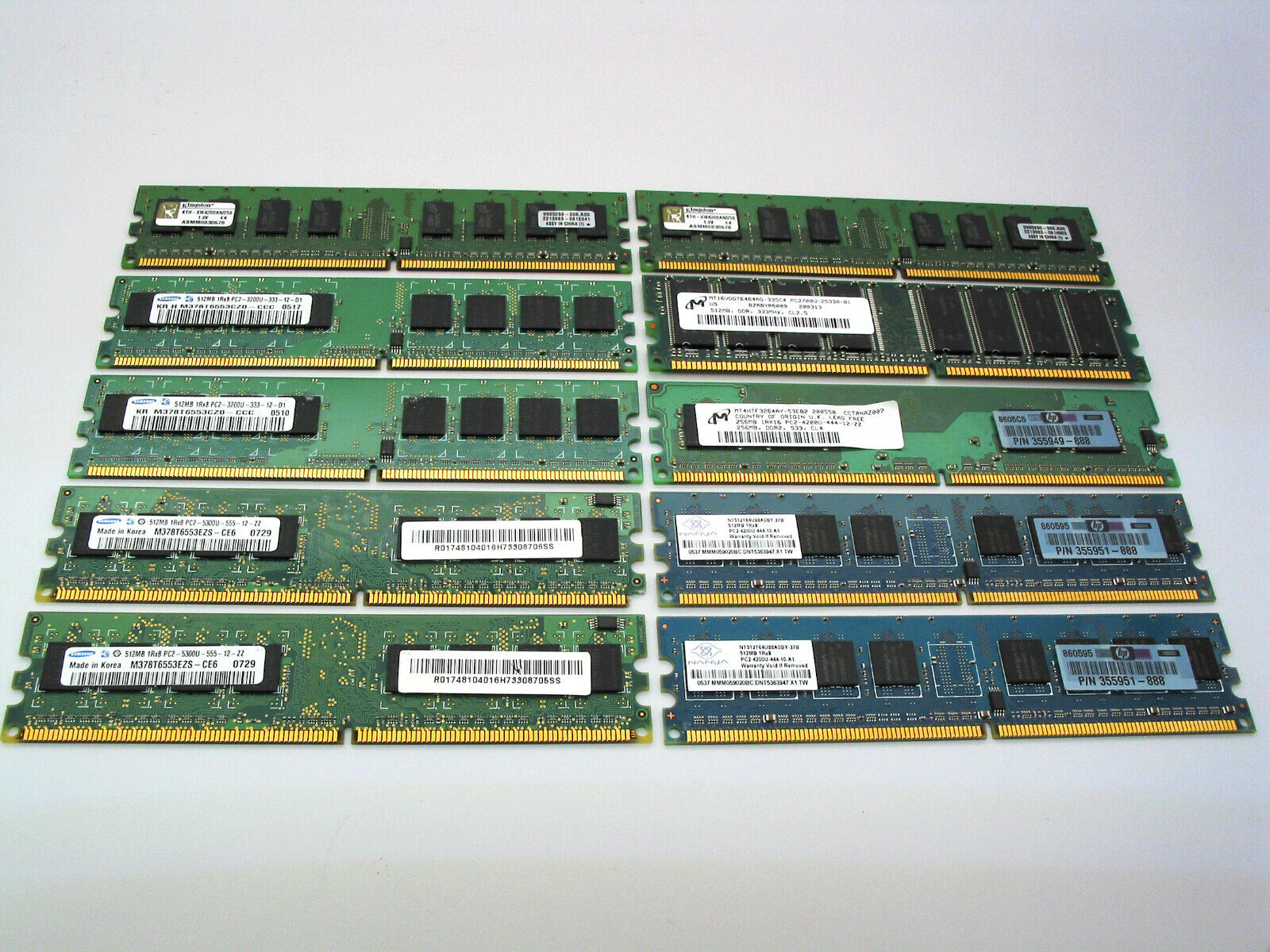 Lot of 10 Mixed DDR2/DDR 512MB 1Rx8 & 1Rx16 256MB Memory/Ram Modules
