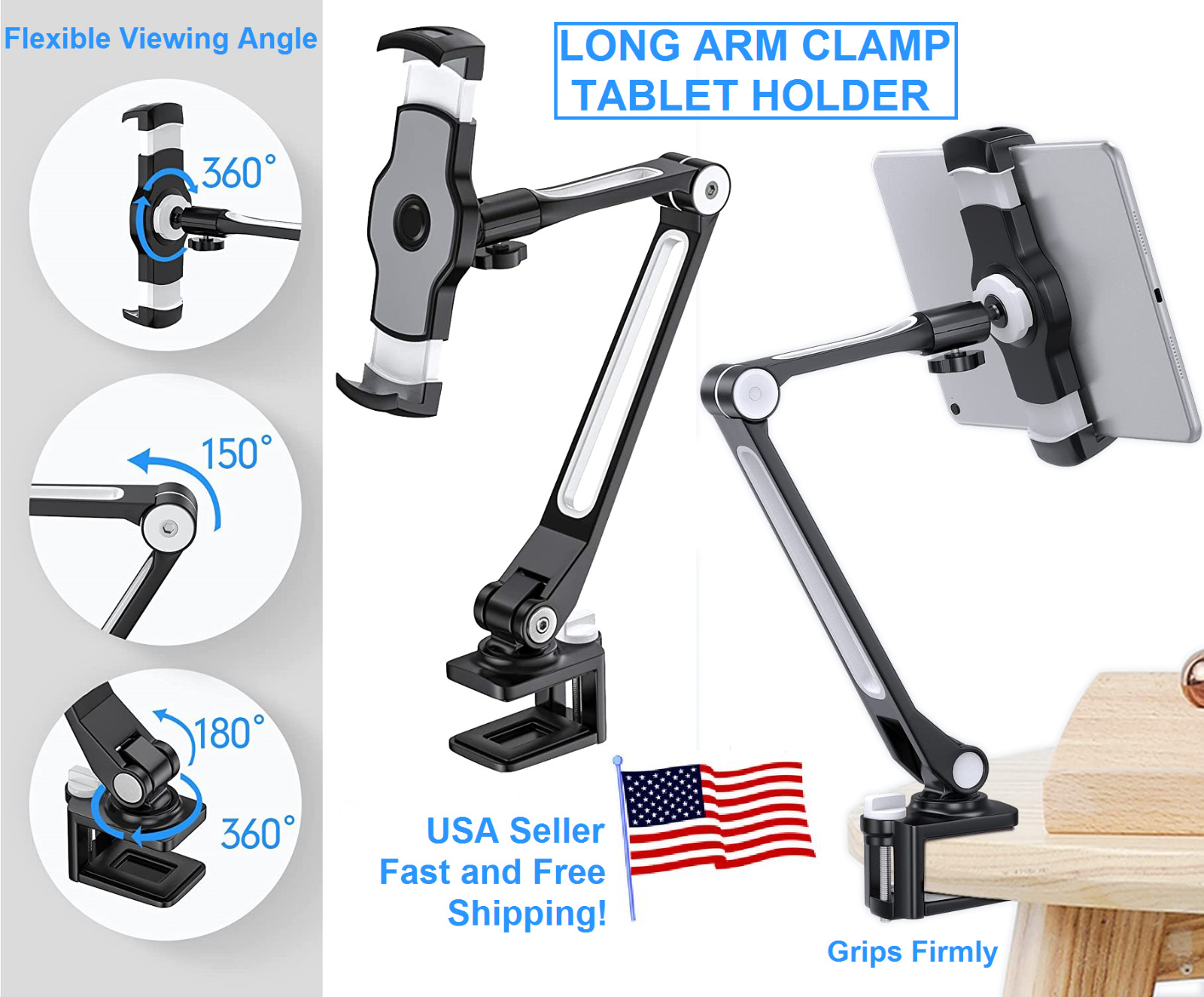 Adjustable Long Arm Clamp Tablet Stand Desktop Mount Smartphone 360 Rotation