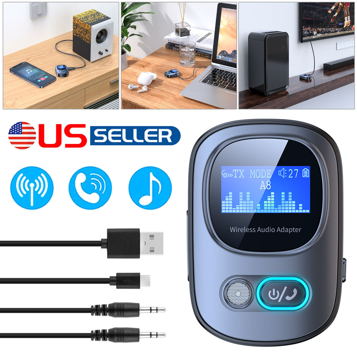 Wireless Bluetooth 5.3 Transmitter Receiver MP3 Audio Adapter 3.5mm Aux Car PC