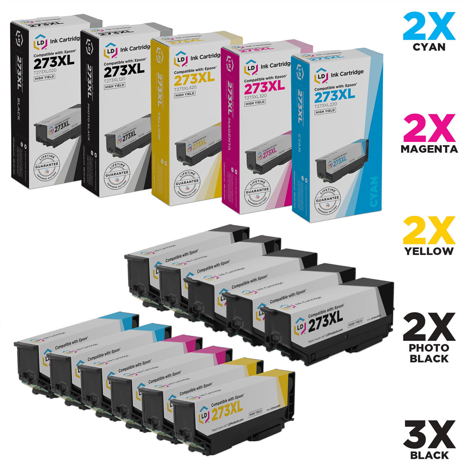 LD Remanufactured Epson 273XL Set of 11 HY Ink Cartridges: 3BK, 2C, 2M, 2Y, 2PBK
