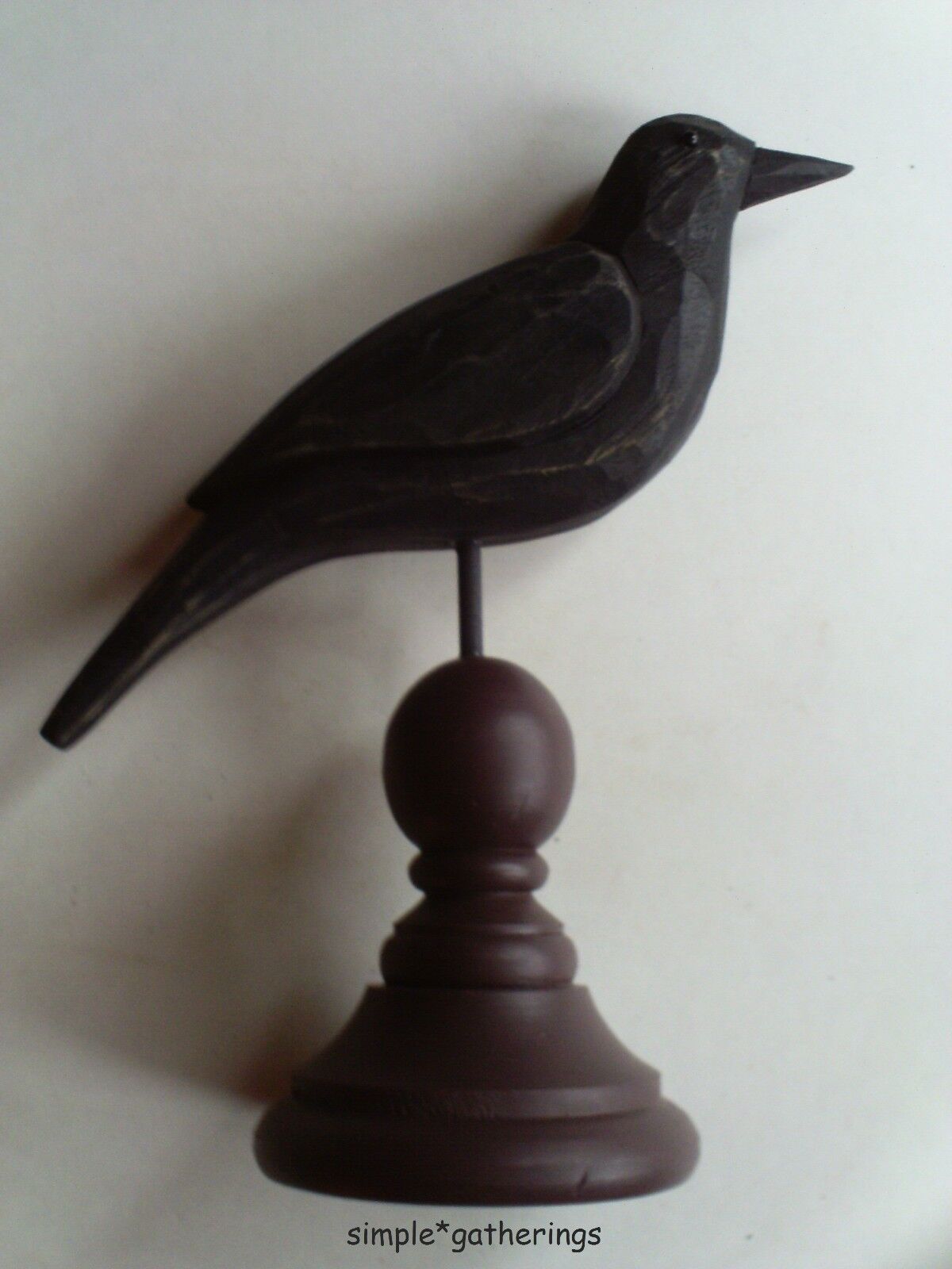 Primitive Black Wood Crow w/ Burgundy Spindle Base Folk Art, Wooden, Country 