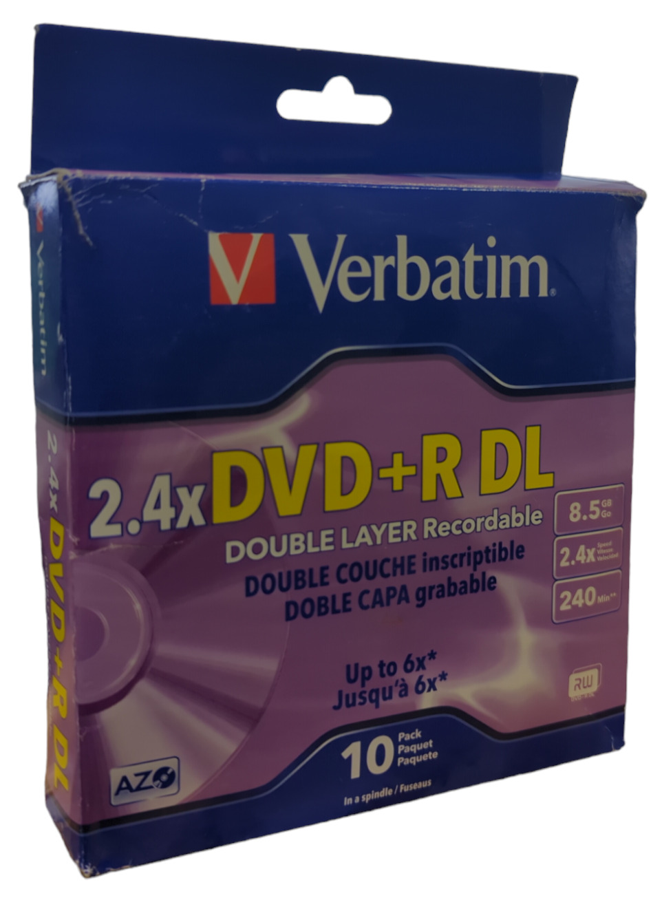 10-pk VERBATIM Dual Layer DVD+R Cakebox - 2.4x 8.5GB 240 mins w AZO Unused