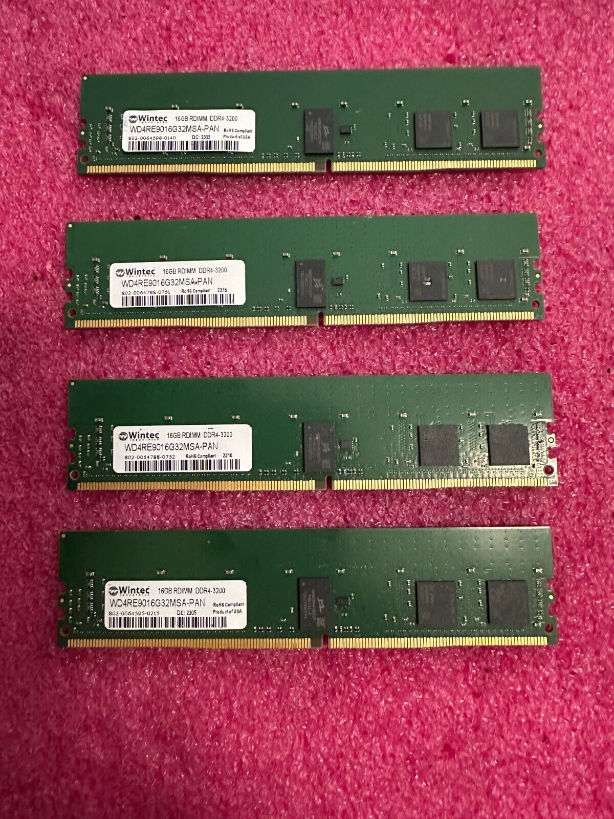 LOT OF 4pcs WINTEC 16GB RDIMM DDR4-3200 WD4RE9016G32MSA SERVER RAM MEMORY.