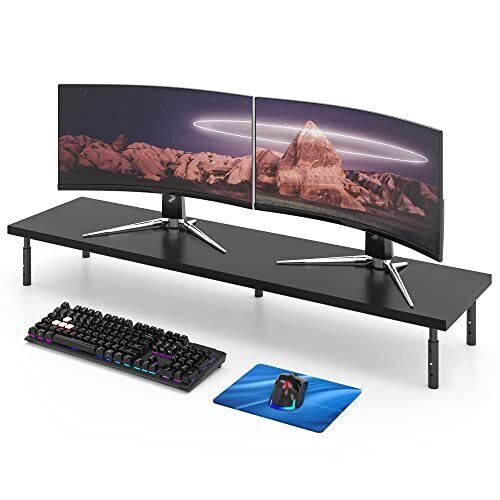 Dual Monitor Stand for Desk-Black Bamboo Monitor Stand Riser for 2 Monitors with