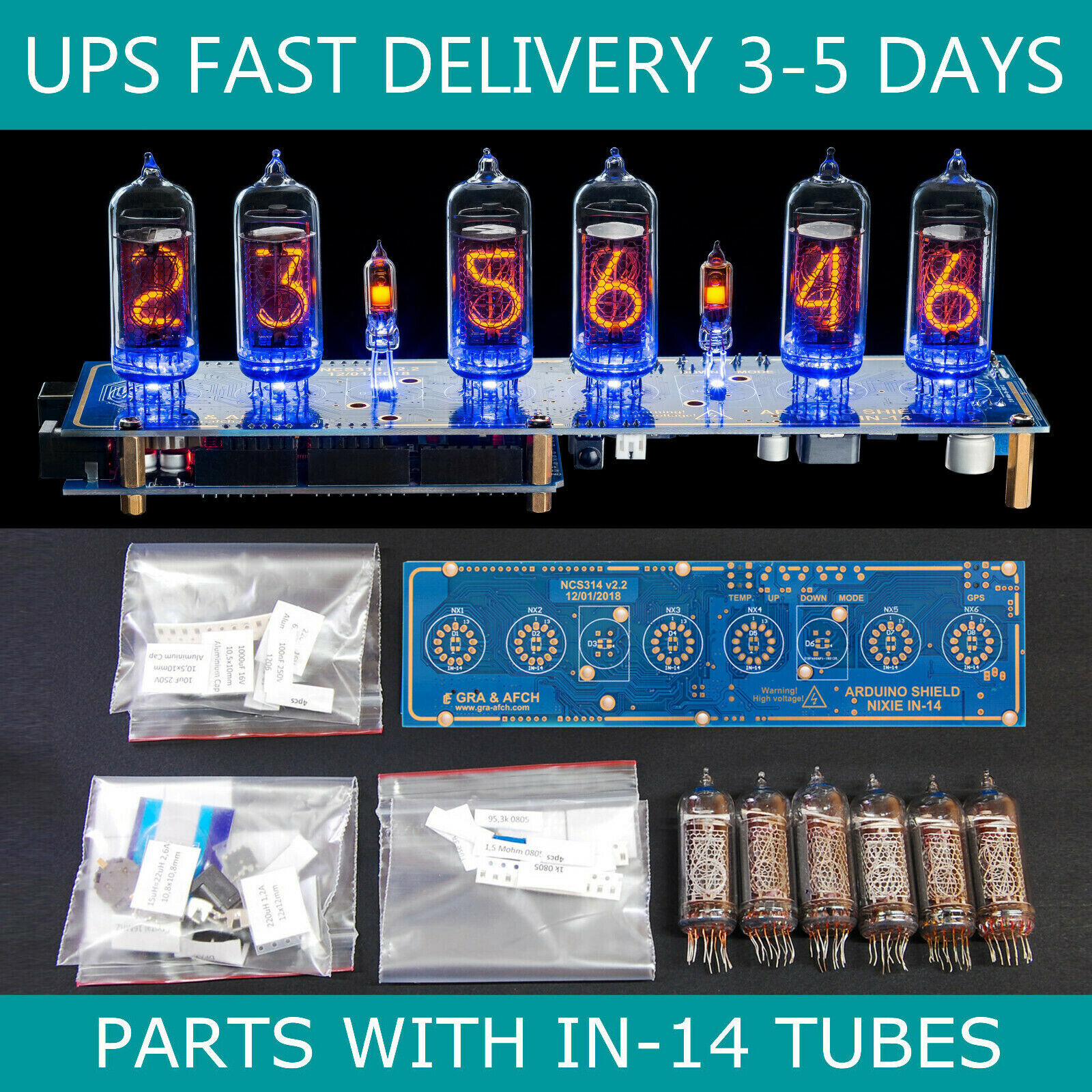 KIT Nixie Tube Clock IN-14 WITH TUBES DIY Arduino Shield NCS314 SHIPPING 3-5Days