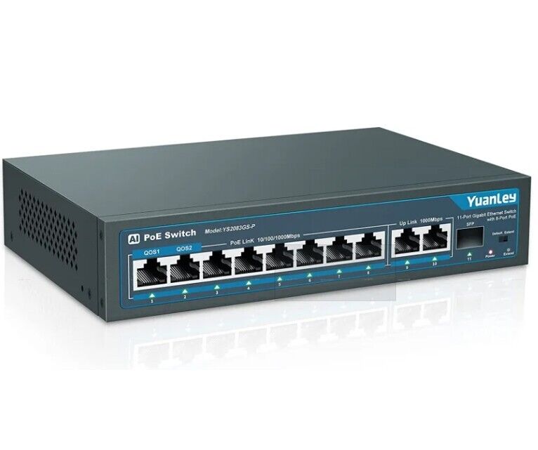 YuanLey 11 Port Ethernet Switch with 8 PoE+ 2 Port 1000Mbps, 1 SFP Port