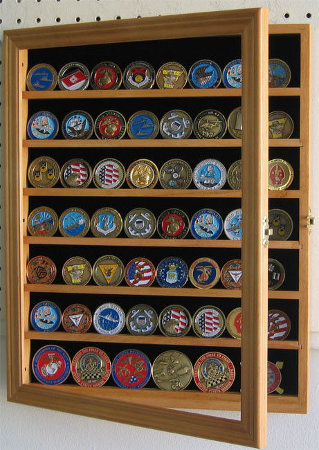 56 Challenge Coin Casino Poker Chip Display Case Wall Cabinet, COIN56-OA