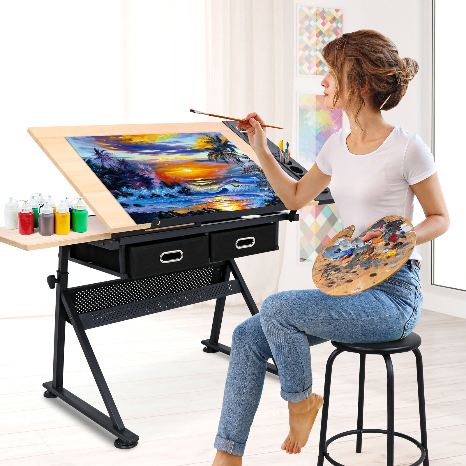 Drafting Desk Drawing Table Adjustable with Stool Arts & Crafts Creative Center