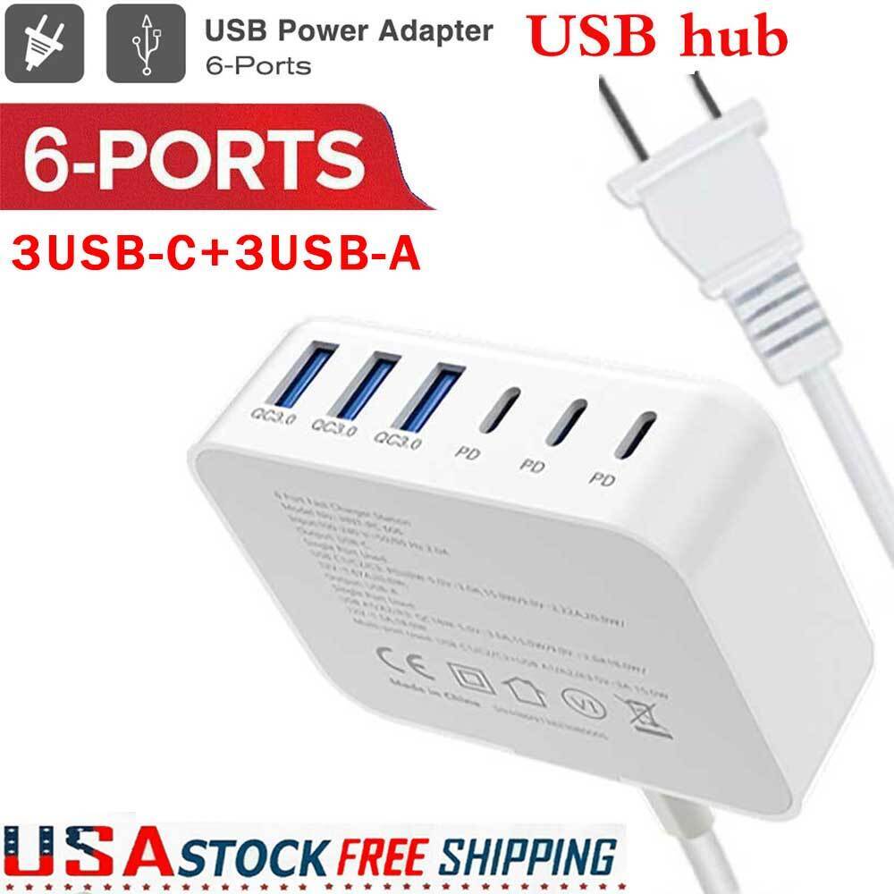 Fast USB-C Wall Charger 6-Port USB Hub Charging Station PD Power Adapter