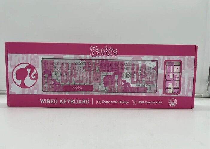 NEW PINK BARBIE PRINTED WIRED KEYBOARD ERGONOMIC DESIGN USB CONNECTION 108 KEYS