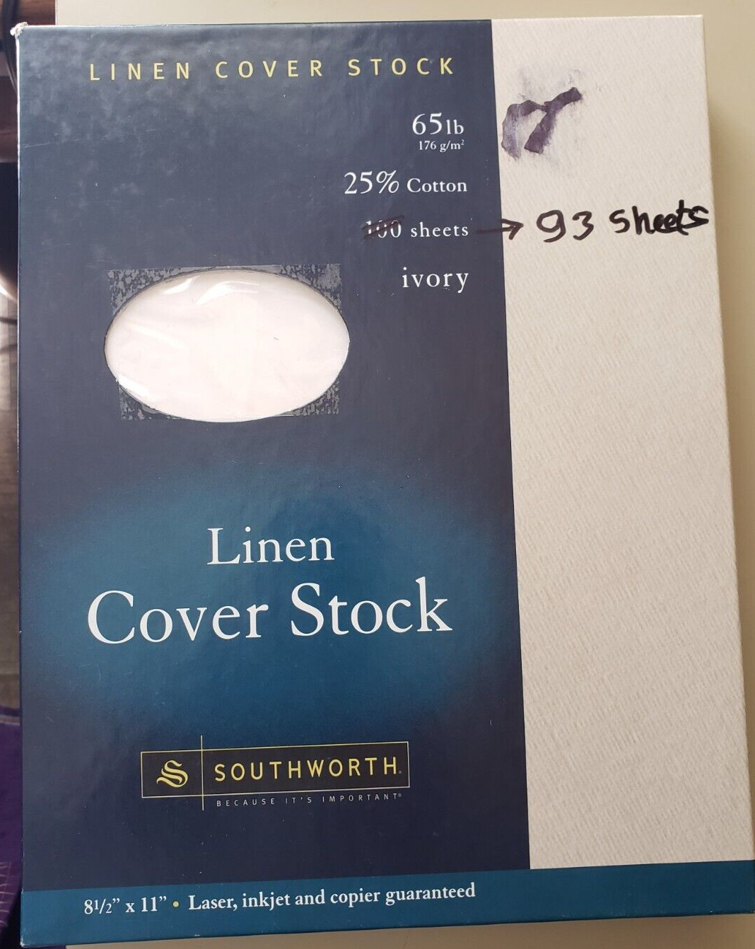 Southworth 25% Cotton Linen Copy/Inkjet/Laser Coverstock 65 lbs Ivory 93sheets