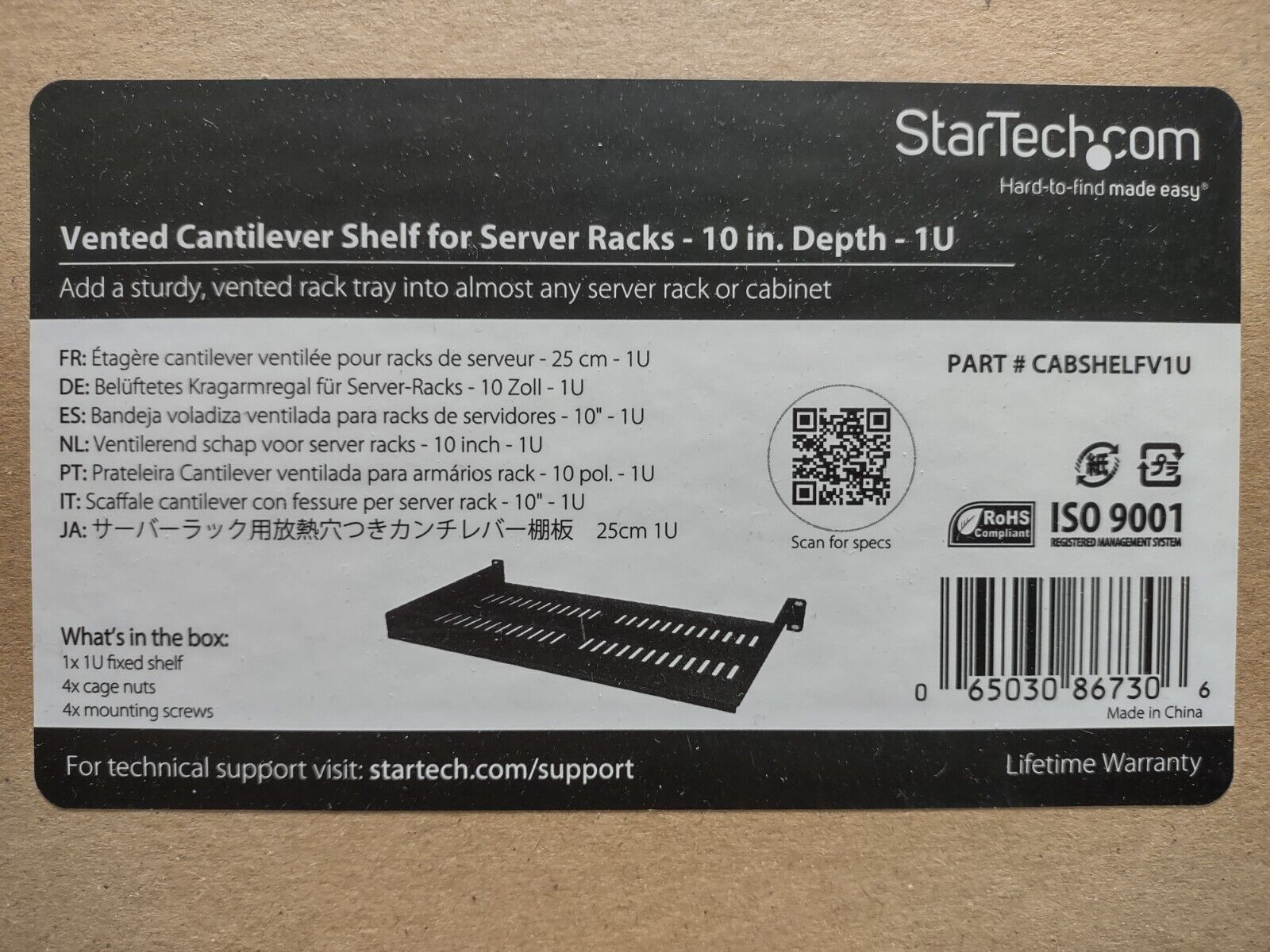 StarTech CABSHELFV1U 1U Vented Server Rack Cabinet Shelf - Fixed 10in Deep