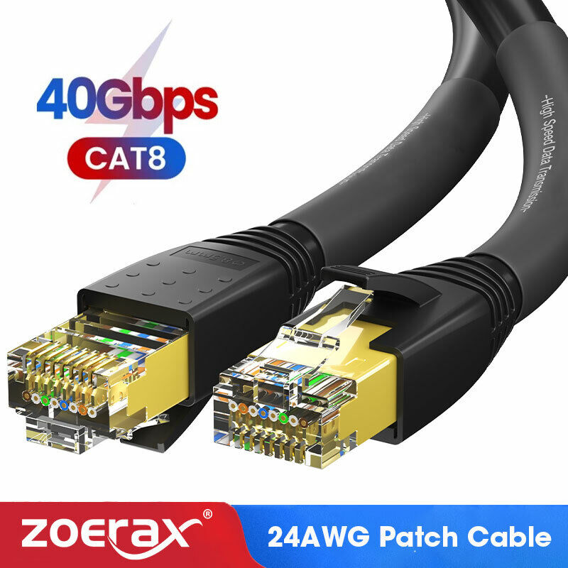 ZoeRax Cat 8 Ethernet RJ45 Cable 24AWG 40Gbps Patch LAN Network 50μ Gold Plated