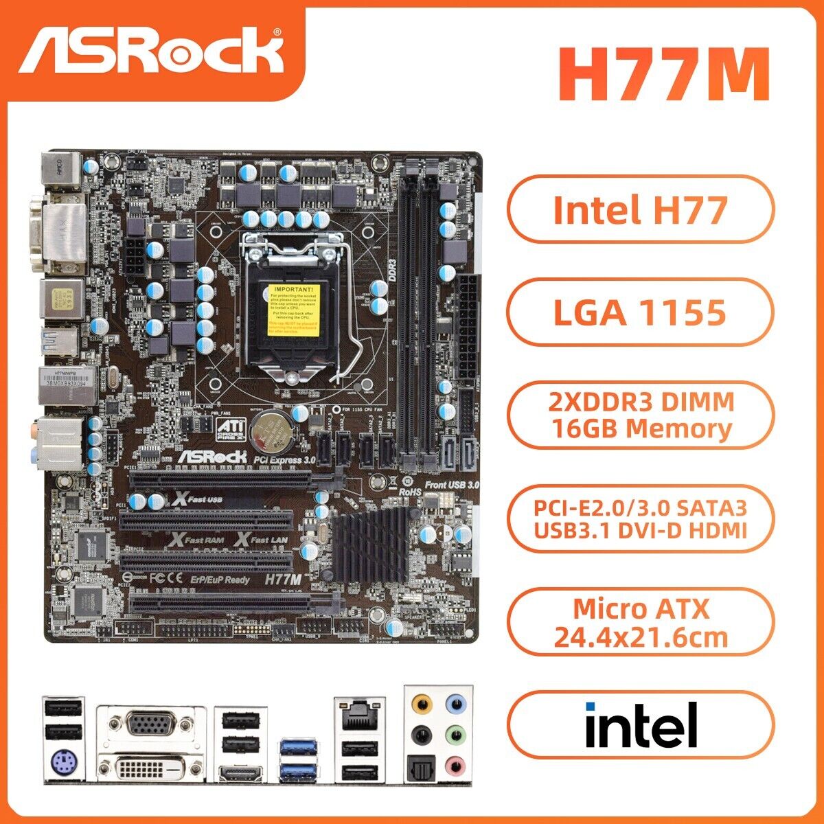 ASRock H77M Motherboard M-ATX Intel H77 LGA1155 DDR3 16GB SATA3 HDMI SPDIF Audio