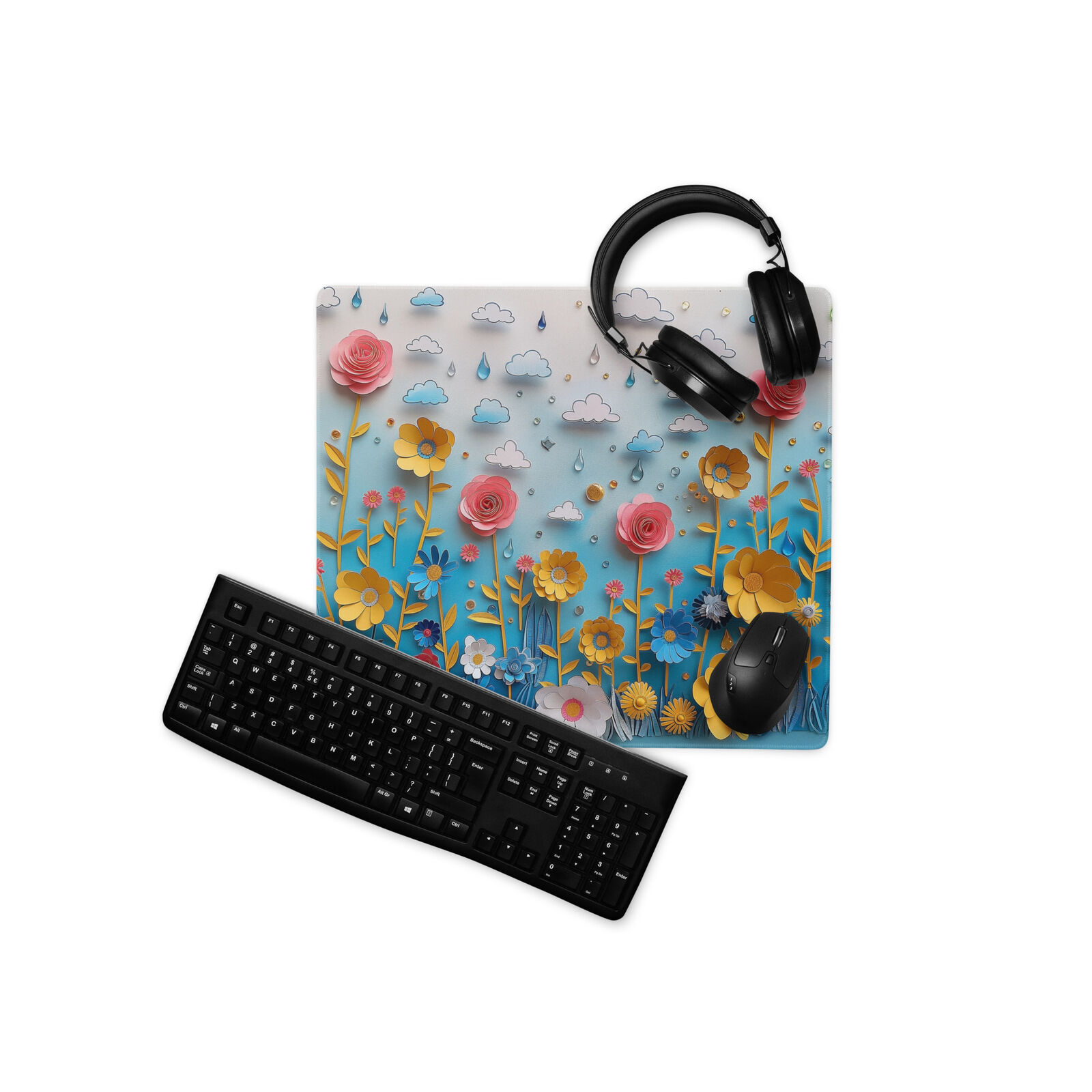 Raindrops and Flowers Gaming Mouse Pad, Floral Desk Mat, 3D Layered Paper Print