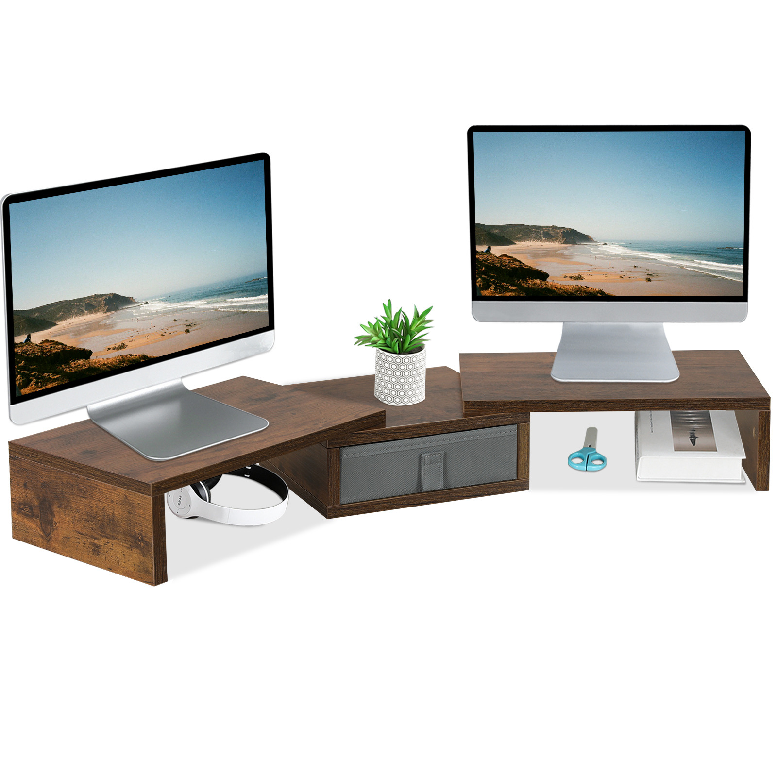 Dual Monitor Stand Riser with Drawer Organizer 37 inch Corner Desk Shelf Brown