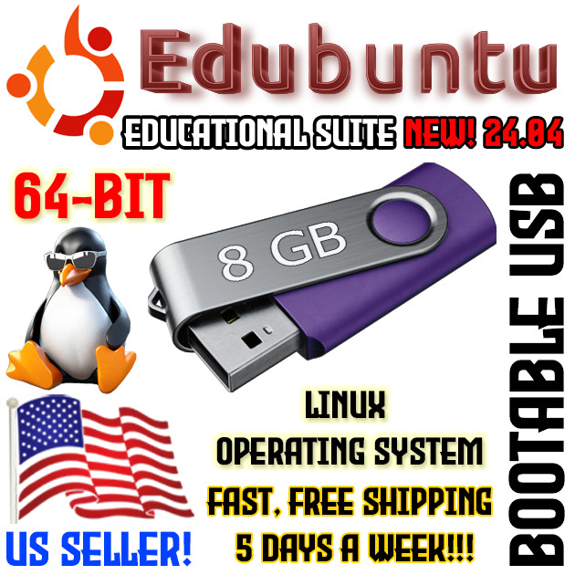 Edubuntu 24.04 LTS Support Linux Student Educational DVD or USB Live Boot Ubuntu