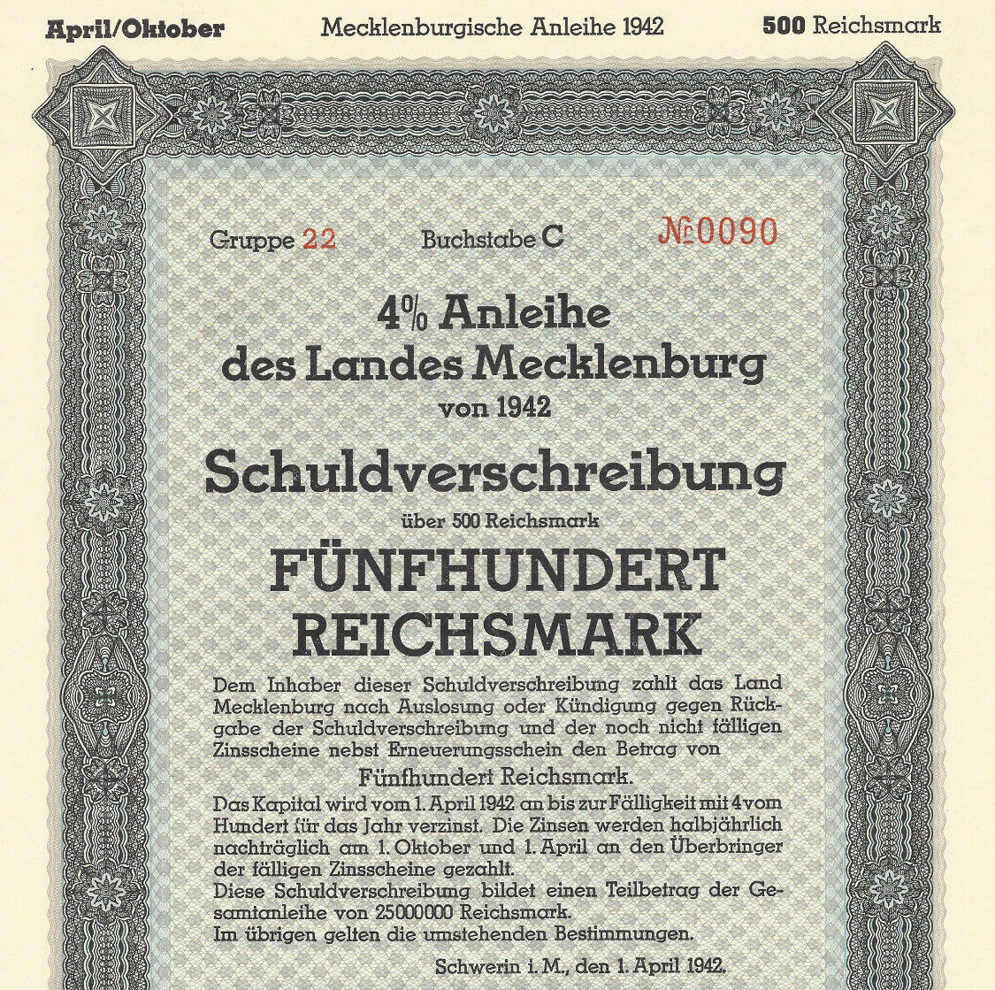 War-time German Municipal Bond Certificate WWII + Swastika (500 Reichsmark) WW2