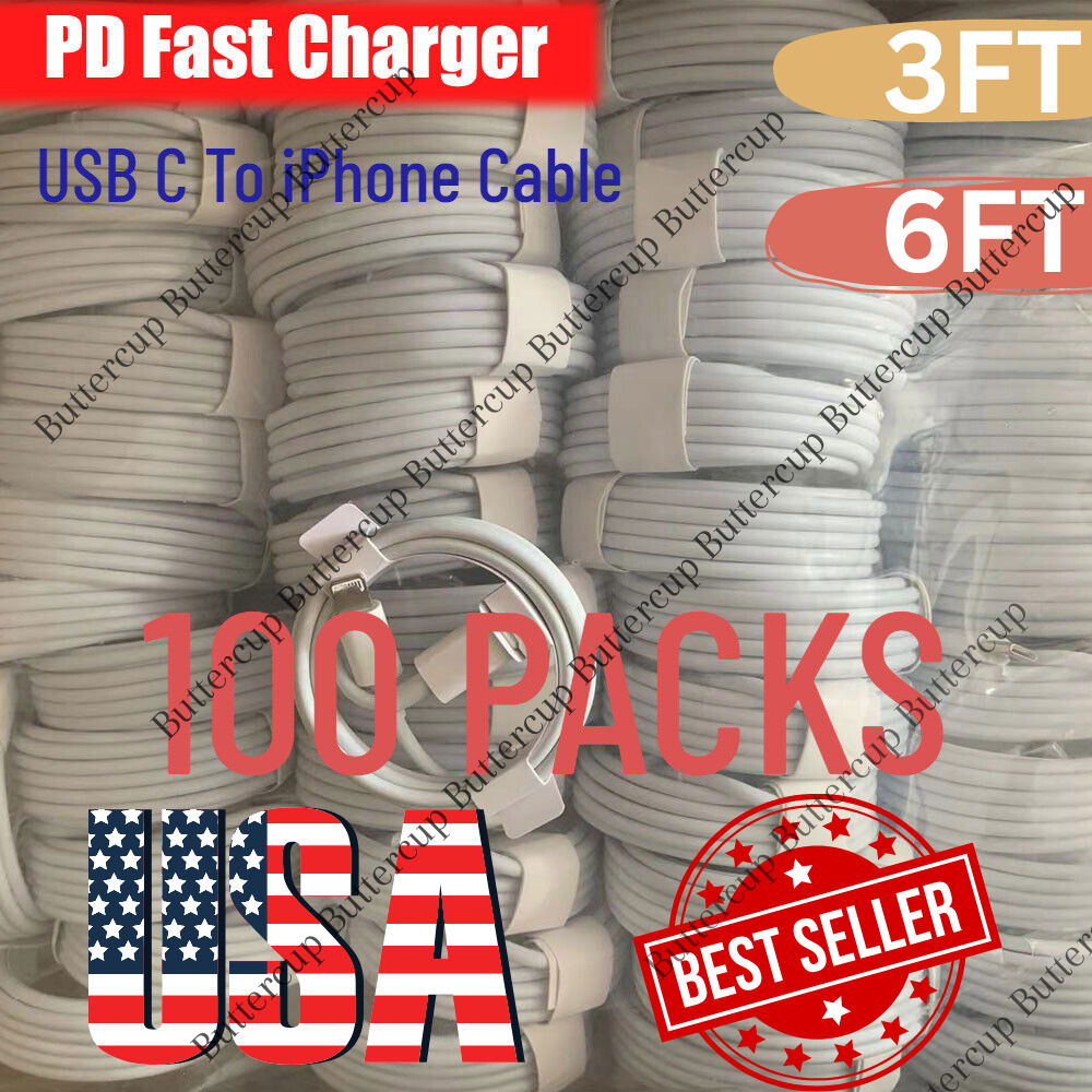100X Lot PD Fast Charger Cable 3FT/6FT Type USB C to iPhone 14 13 12 11 Pro XR 8
