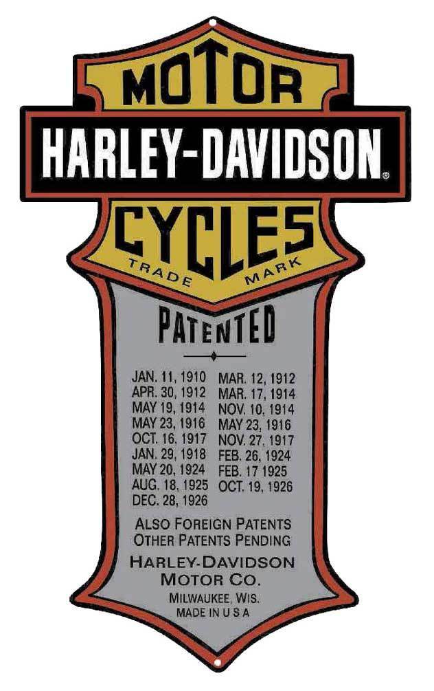 Harley-Davidson Patented Dates Tin Metal Sign 11 x 18 Inches 2010181
