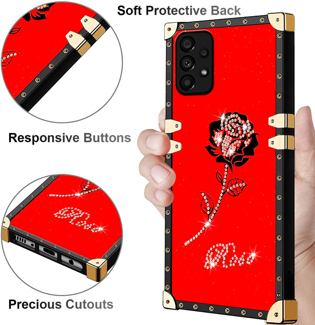 Square Bling Rose Cover Case For 12 13 14 S22 S23 OPPO Huawei LG Google Xiaomi 