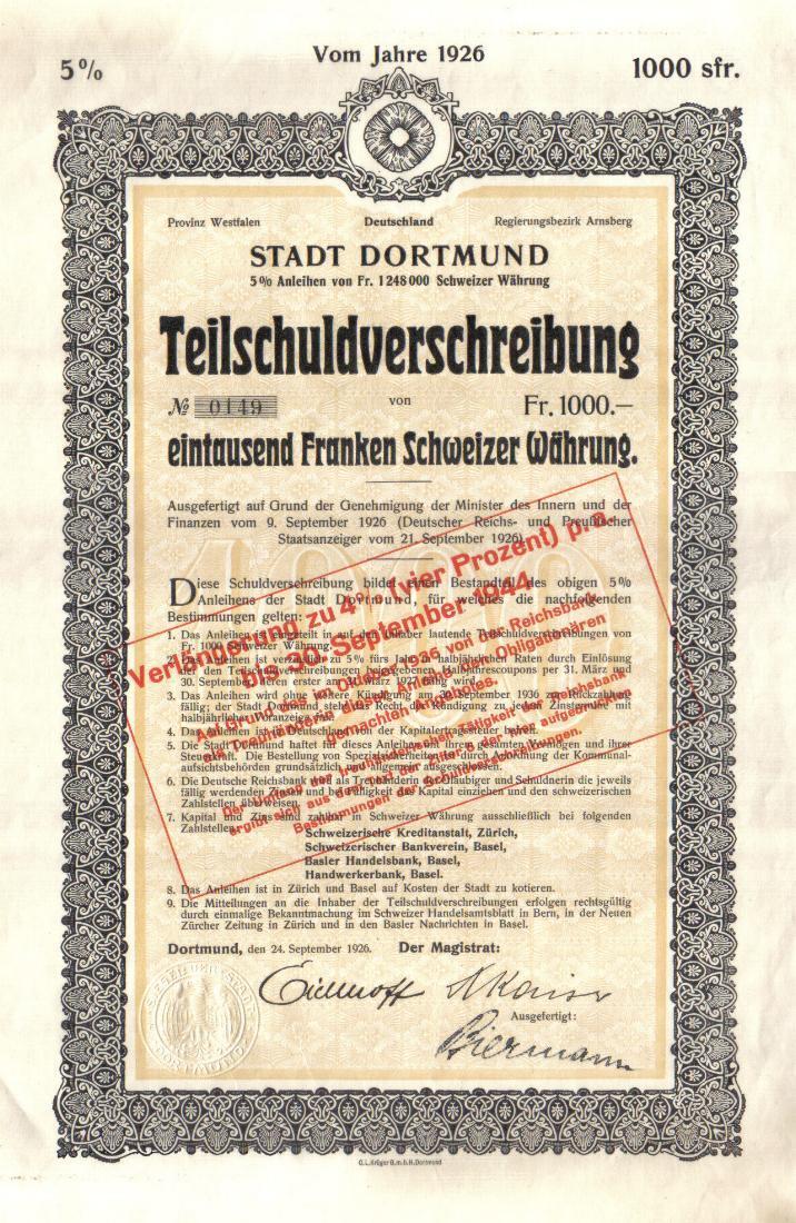 Germany Westphalia Bond 1926 City Stadt Dortmund 1000 swiss francs Uncancelled