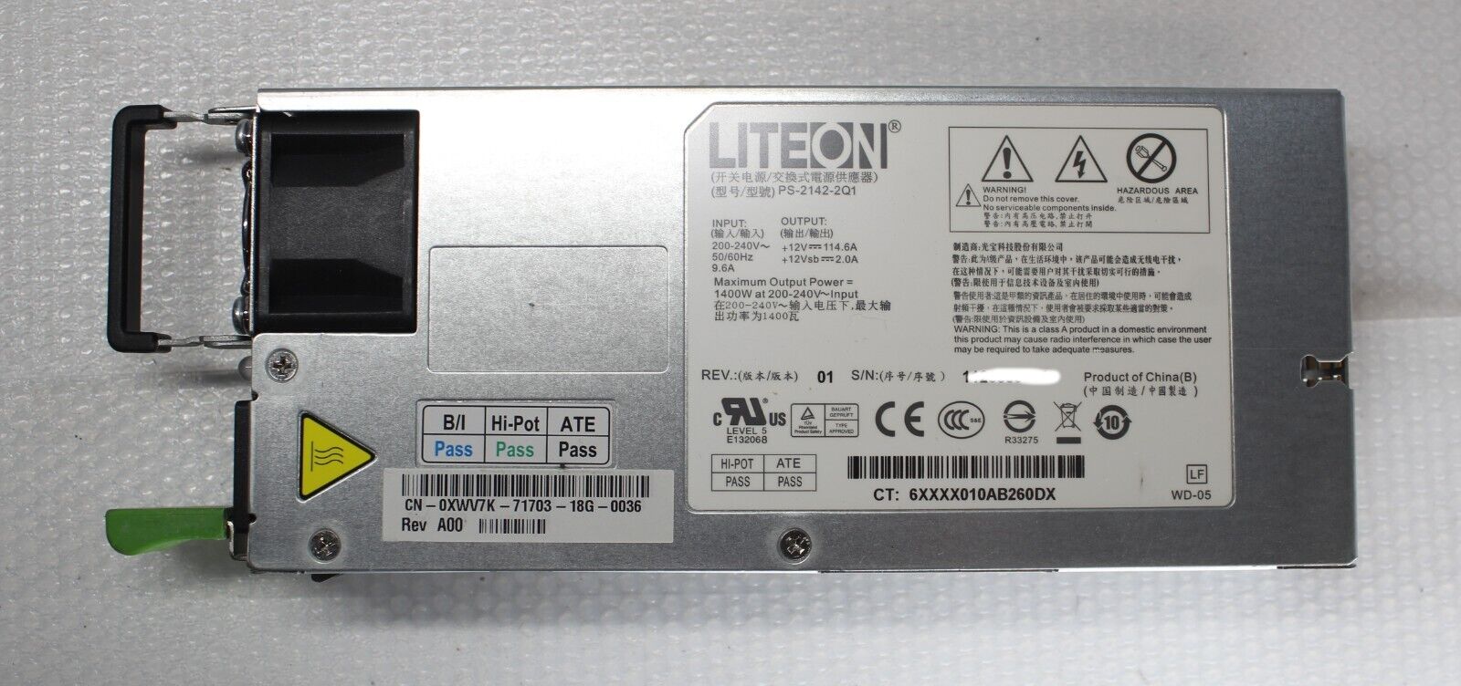 Dell (LiteON) PowerEdge C5220 Servers 1400W Redundant Power Supply DP/N: XWV7K