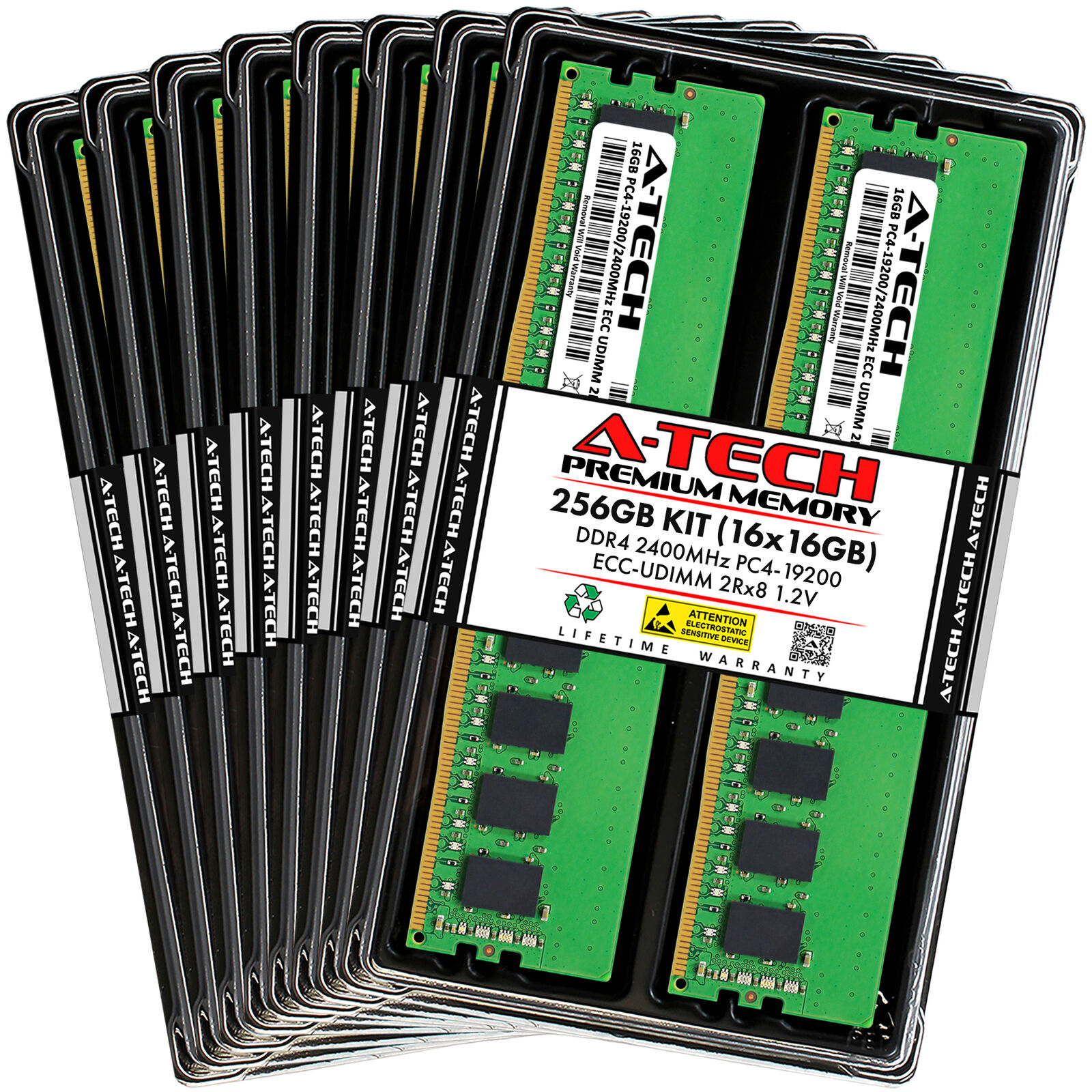 A-Tech 256GB 16x 16GB 2Rx8 PC4-19200E DDR4 2400 MHz ECC UDIMM Server Memory RAM