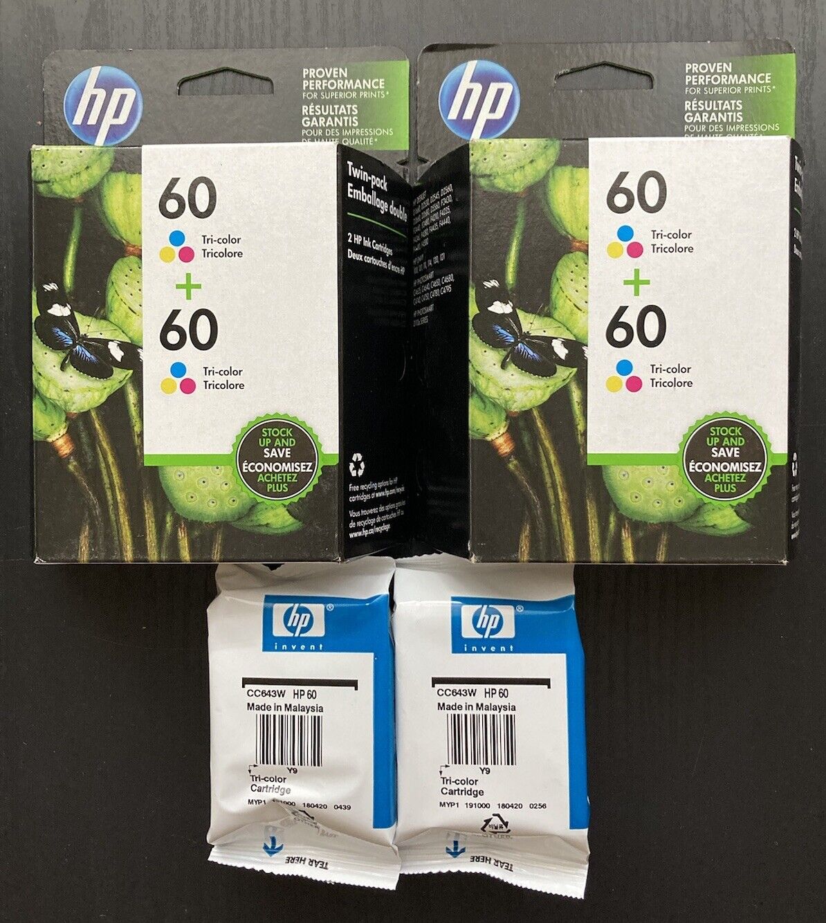 Lot Of 6 HP 60 TRI-COLOR INK CARTRIDGE CC643WN Expired