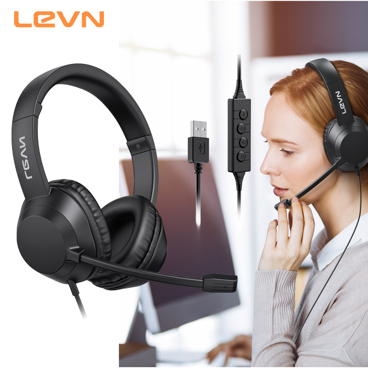 LEVN Wired Headset, USB Headset with Mic & Noise Cancelling, Computer Headset