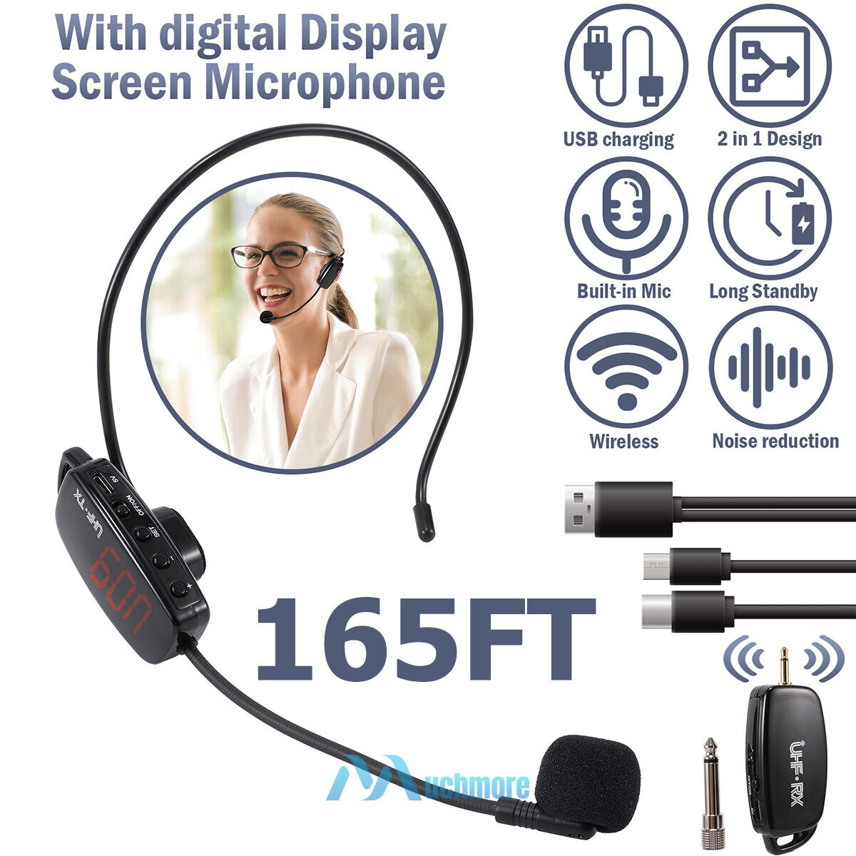165FT UHF Wireless Microphone Headset Mic System w/ Digital Screen for Teaching
