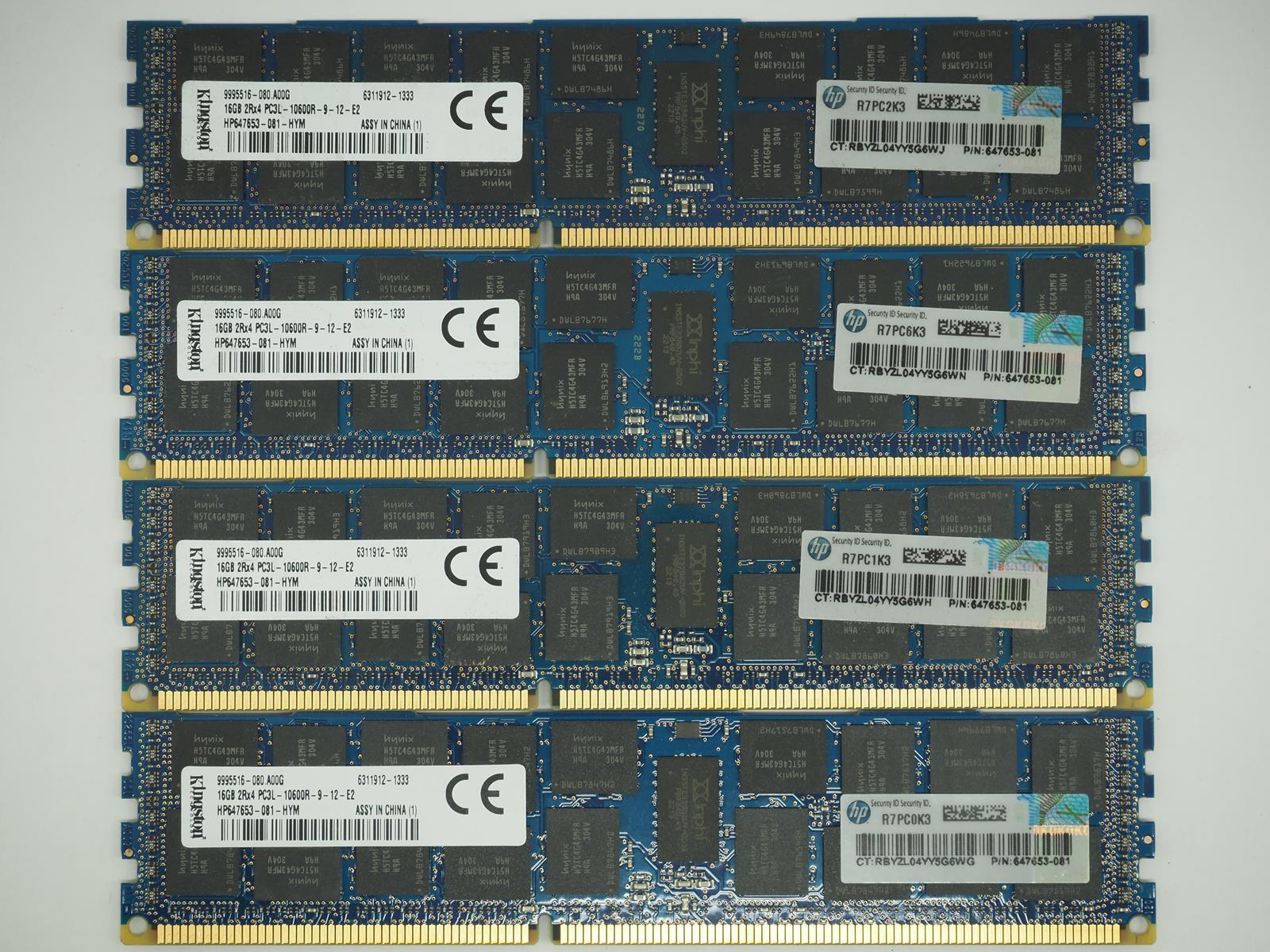 Lot of 4 KINGSTON 16GB PC3L-10600R Server Memory/Ram HP647653-081-HYM Tested