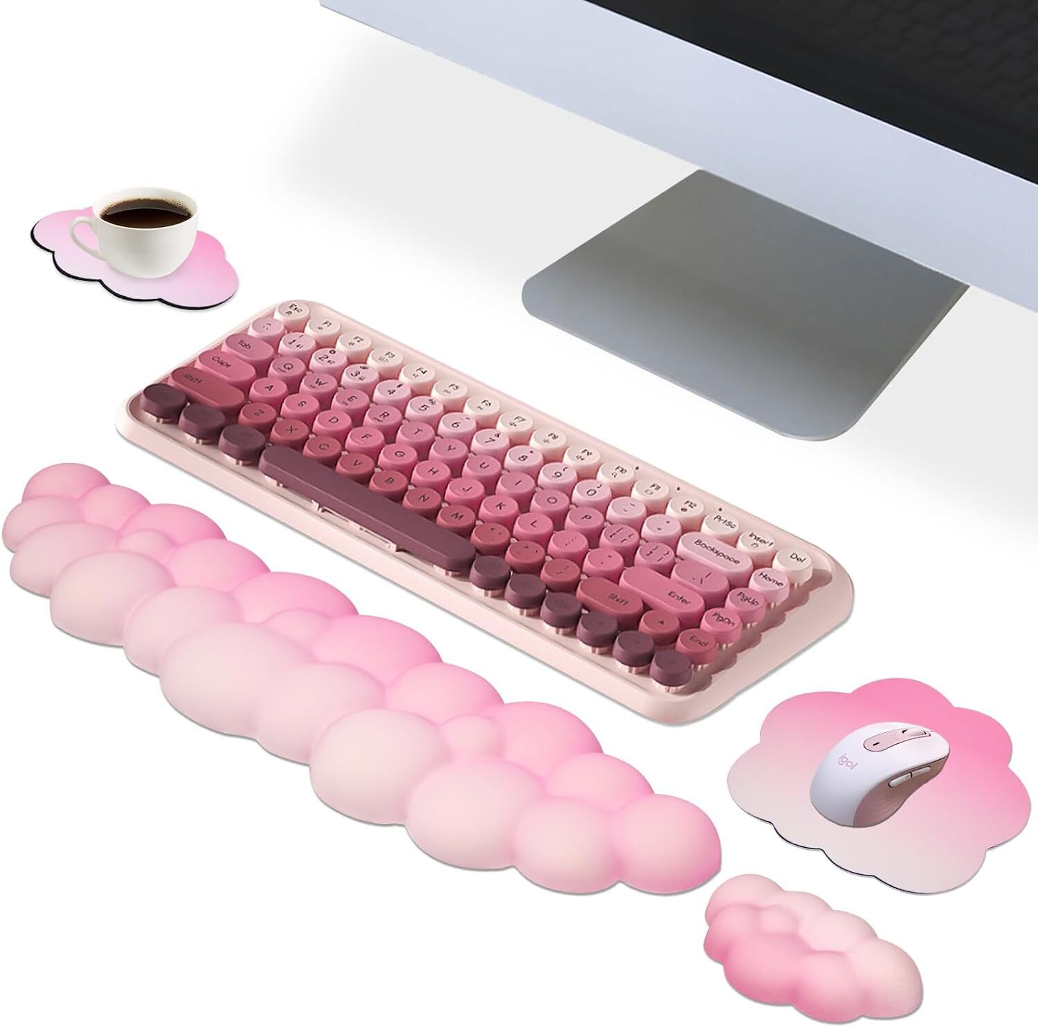 Cloud Mouse Pad and Keyboard Wrist Rest Set,4 Pcs Pink Ergonomic Small, 
