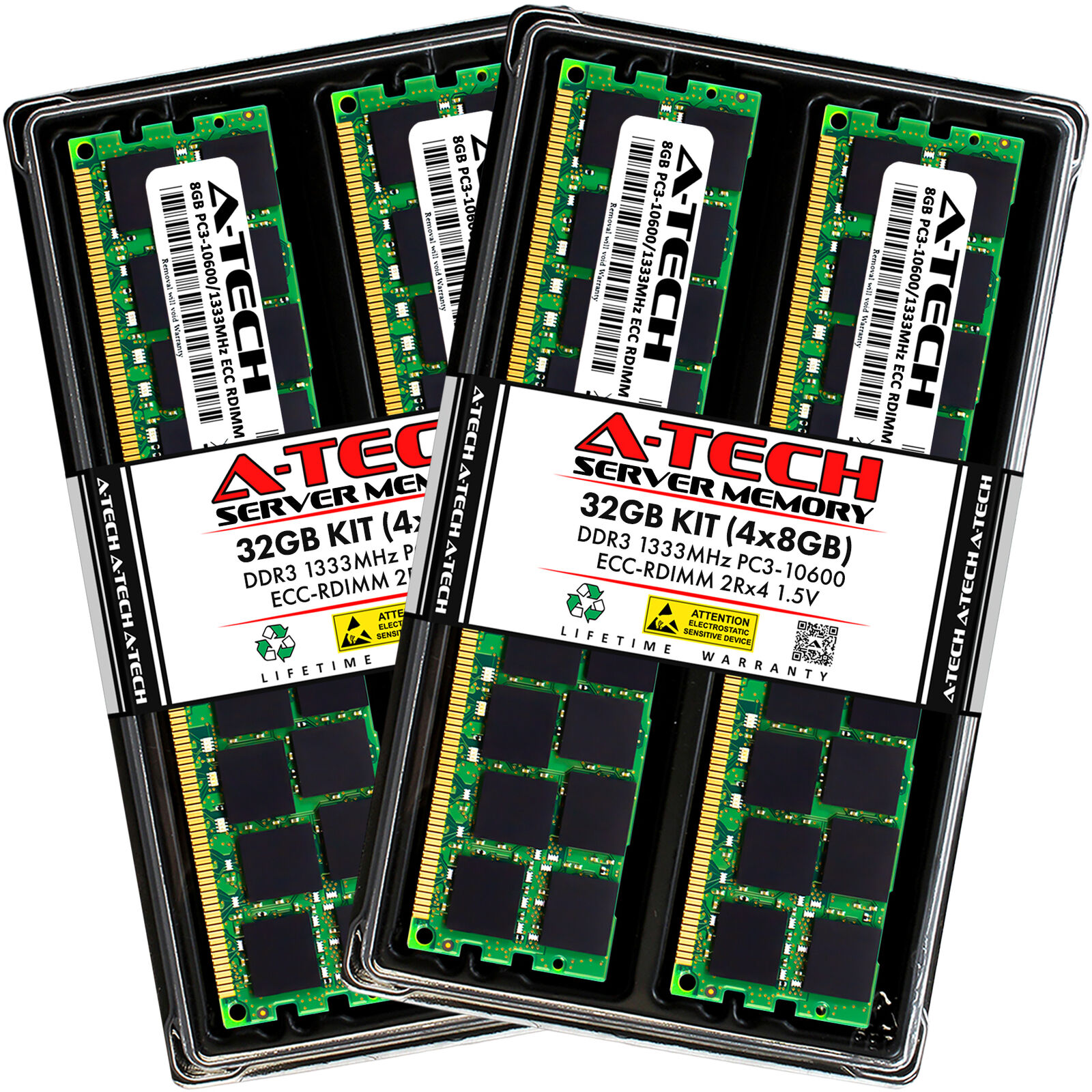 A-Tech 32GB 4x 8GB 2Rx4 PC3-10600R DDR3 1333MHz ECC RDIMM REG Server Memory RAM