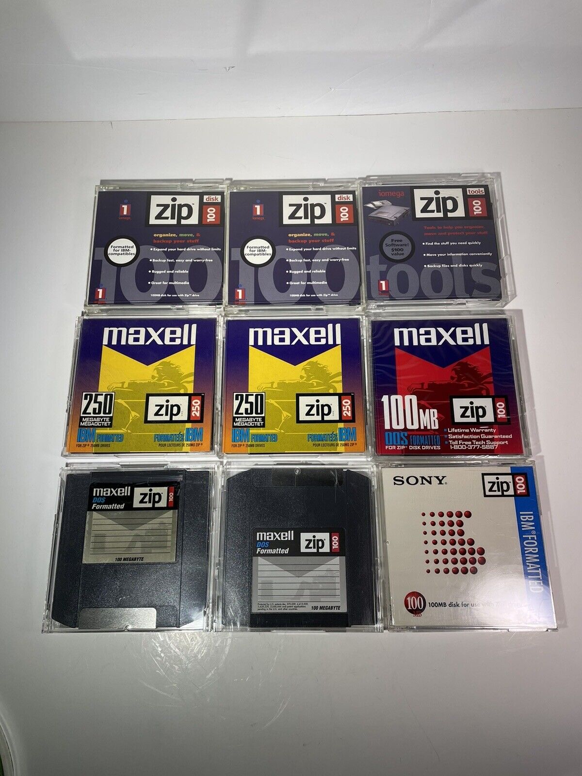 LOT of 9 random used Iomega Maxell Sony Zip disks in cases AS IS Working 100/250
