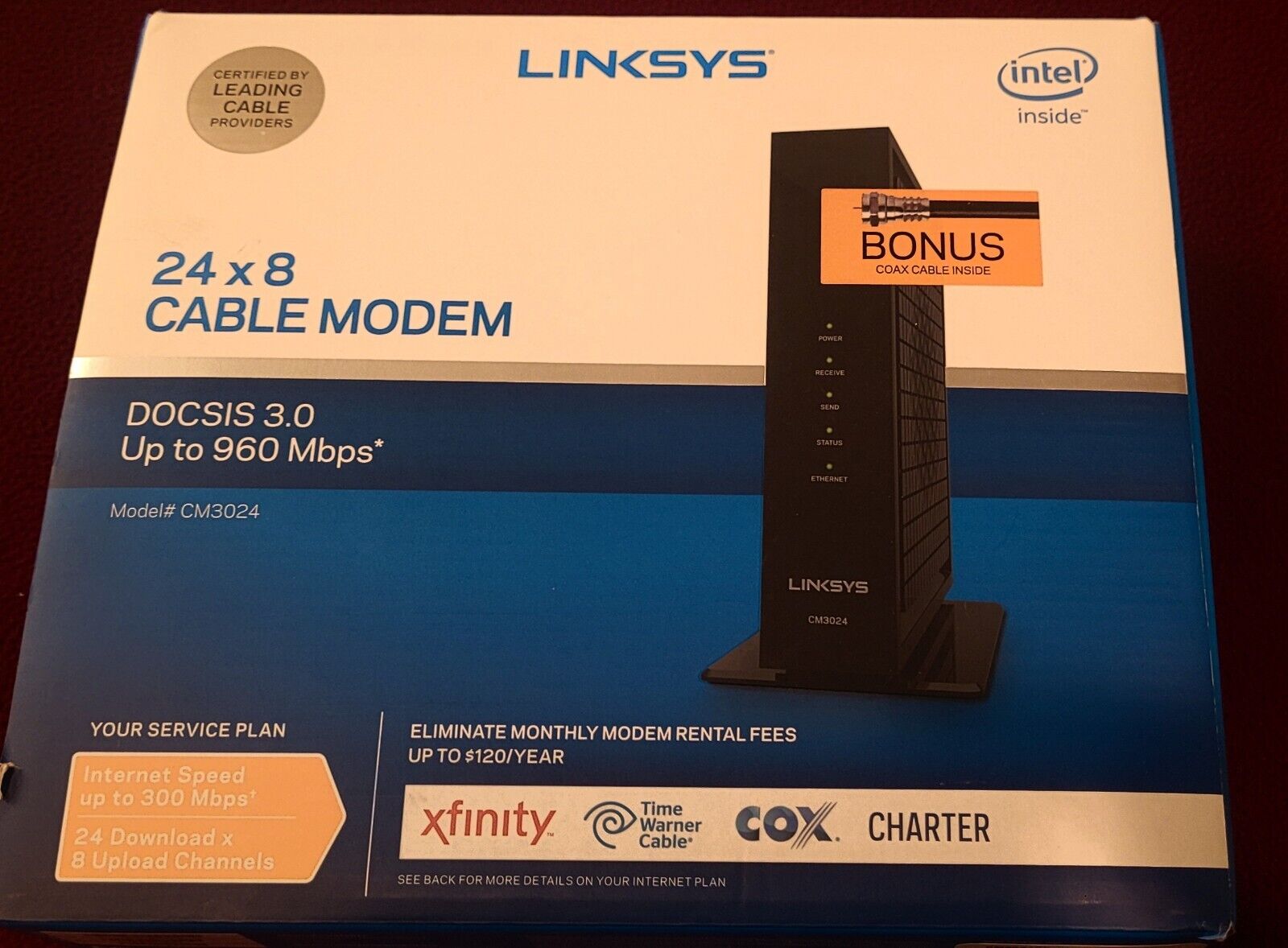 Linksys 24x8 ‎Cable Modem CM3024 Intel Inside 960 Mbps Bonus Coax Cable NEW