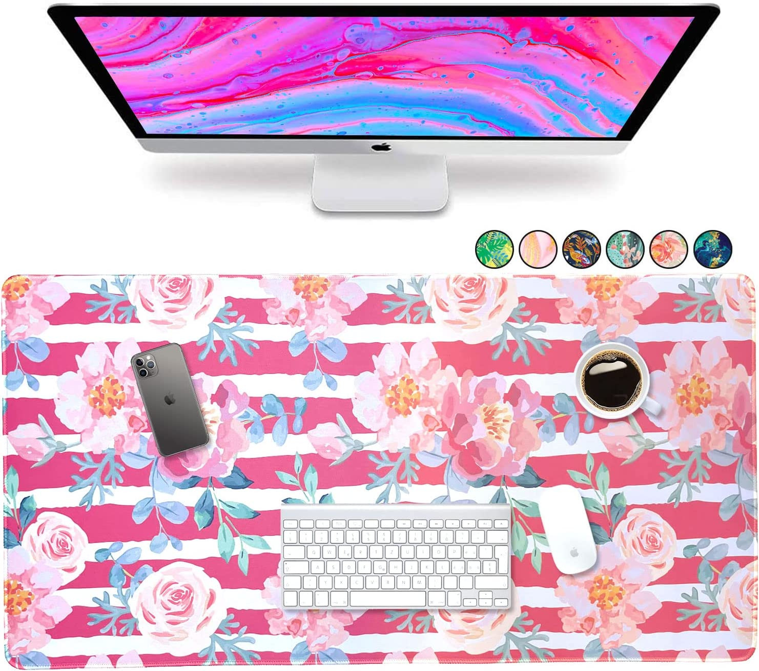Large Mouse Pad Cute Decor Floral Pink Roses White Stripe 30\